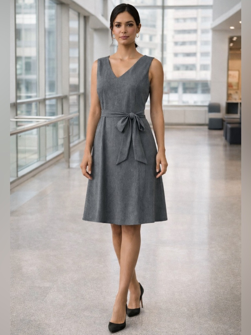 Calvin Klein Gray Sleeveless Dress Tie Waist A-Line Size 12